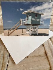 Deauville, France beach lifeguard tower greeting card