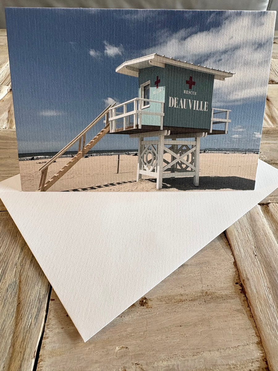 Deauville, France beach lifeguard tower greeting card