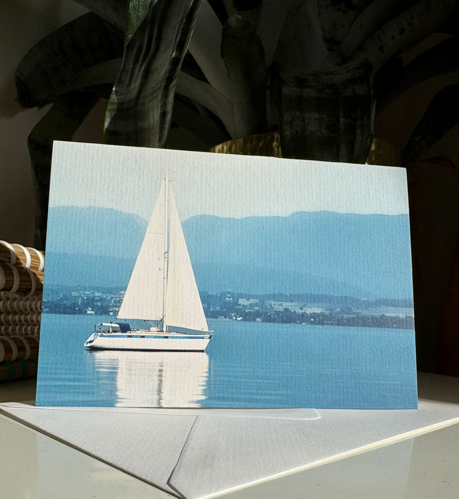 Sail boat in Lake Geneva card. Blank inside