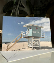 Deauville, France beach lifeguard tower greeting card