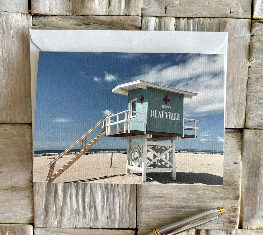 Deauville, France beach lifeguard tower greeting card
