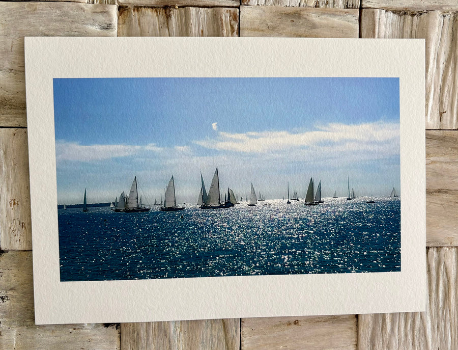 Unframed photograph of sailboats on the sparkling blue Mediterranean sea  taken in Cannes, France