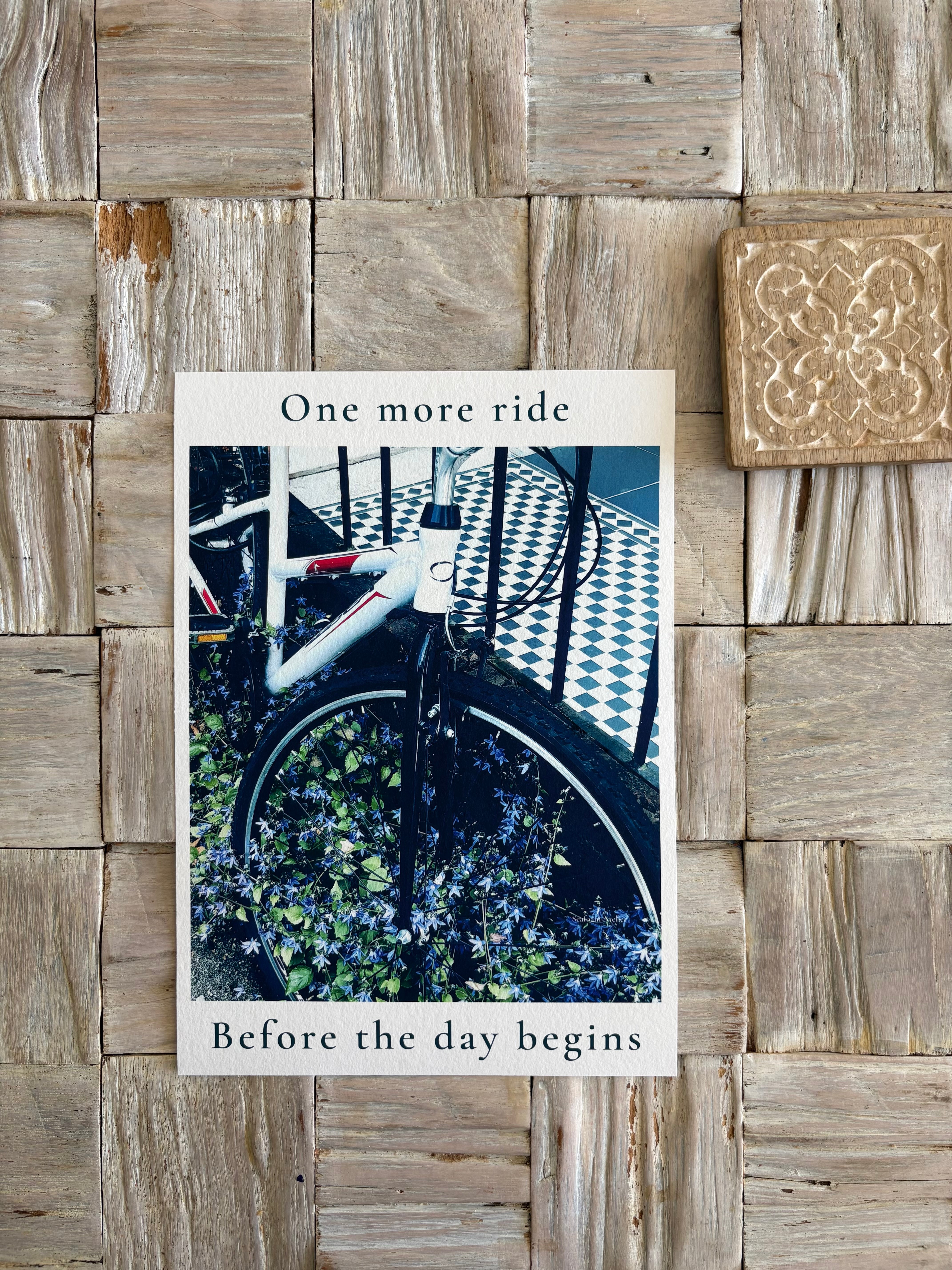 One more ride before the day begins – minimalist bicycle wall art print. Blue giclée fine art