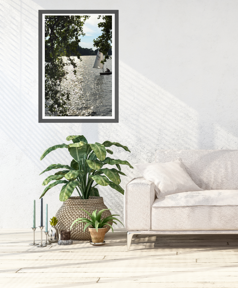 A framed vertical fine art photography print by Seafoam Atelier photographer, Samira Malik depicting a sailboat entering the frame of the river Thames with trees and shimmering water, styled in a bright, modern living room above a potted green plant and next to a light-colored sofa.