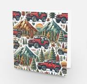 Winter mountain adventures in a 4 x 4 off road vehicle greeting card with hand embossed envelope. FSC certified, uncoated card blank inside for your own message