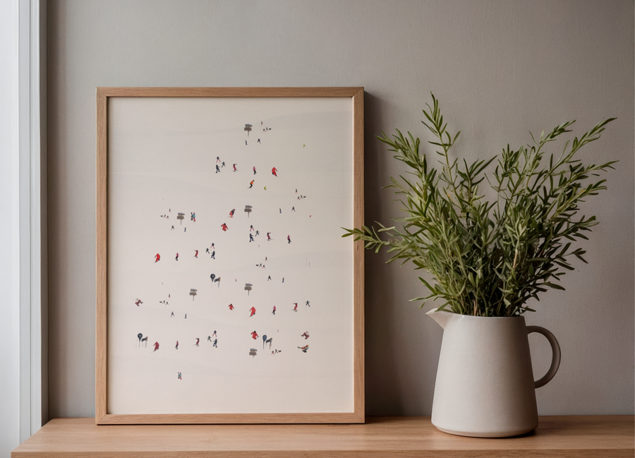 Skiers and snow covered mountains giclée wall decor. Multiple sizes available