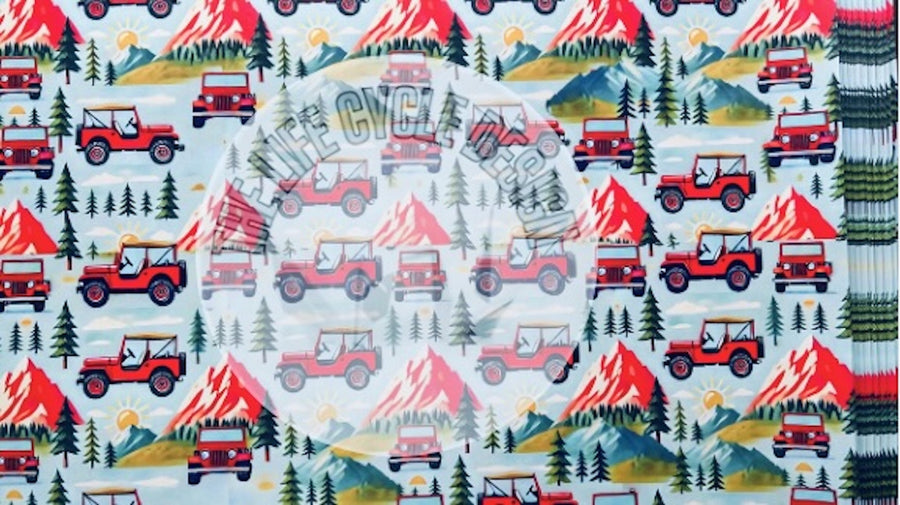 Mountain adventures in a red 4 x 4 off road vehicle wrapping paper. FSC certified, uncoated, 120gsm, 500mm x700mm