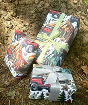 Winter mountain adventures in a 4 x 4 off road vehicle wrapping paper. FSC certified, uncoated 120gsm, 500mm x700mm